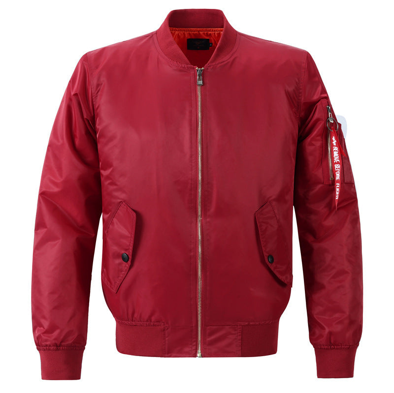 Men's mandarin-collar baseball jacket, front view